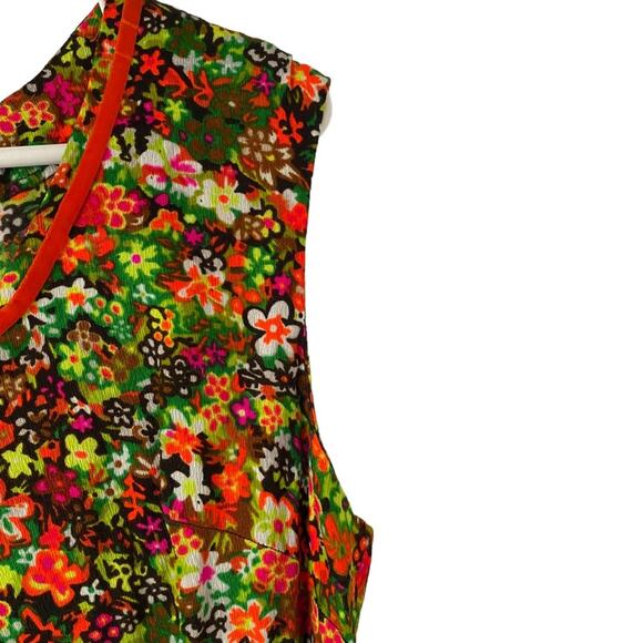Vintage 60s Floral Orange Green Brown Empire Waist Midi Dress Velvet Ribbon - Picture 4 of 8